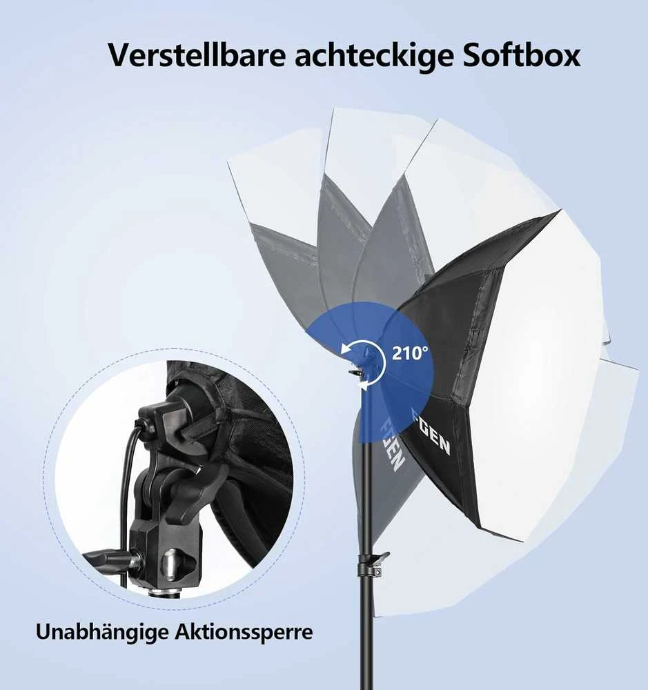 FGen 70 cm aštuonkampių softbox LED studijinio apšvietimo rinkinys, 120 W, su reguliuojamais stovais