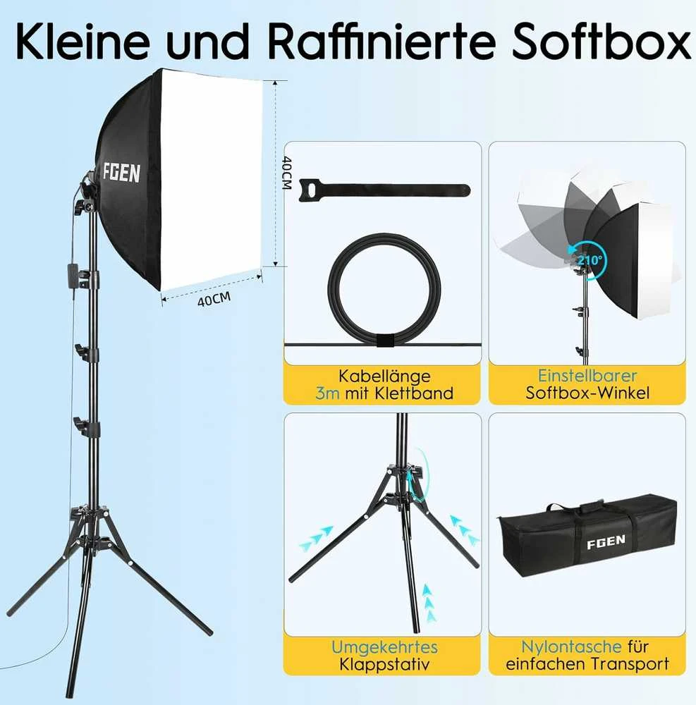 FGen LED softbox apšvietimo rinkinys 40x40 cm, 85 W su stovu 150 cm
