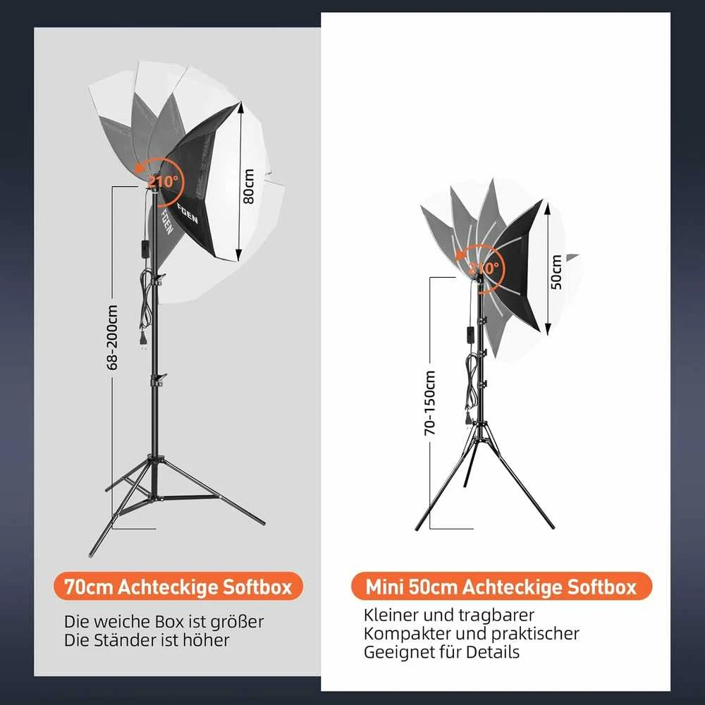 FGen LED softbox studijos rinkinys, 50 cm aštuonkampis, 85 W, 2700–6400 K, stovas 150 cm