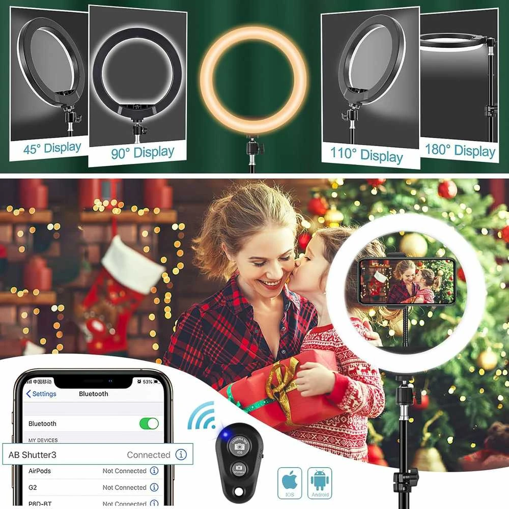 Walimex FGRYB 10 cm RGB LED žiedinė lempa su statyvu, reguliuojama spalva ir ryškumu, modelis MJ26, tinka makiažui, fotografijai, vaizdo įrašams, selfiams