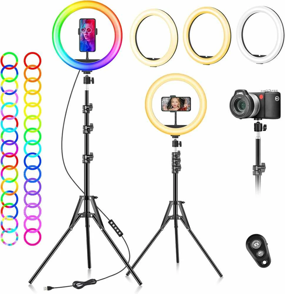 Walimex FGRYB 10 cm RGB LED žiedinė lempa su statyvu, reguliuojama spalva ir ryškumu, modelis MJ26, tinka makiažui, fotografijai, vaizdo įrašams, selfiams
