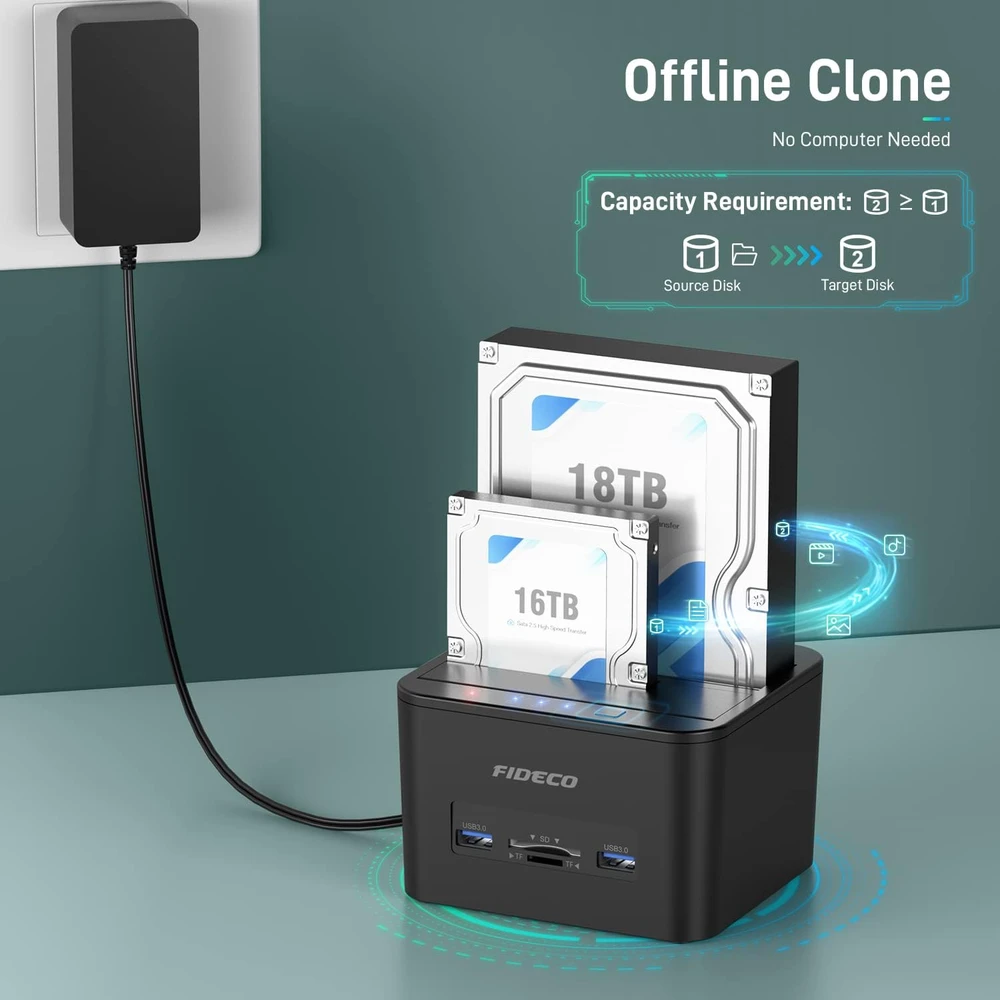 FIDECO diskų prijungimo stotelė SATA HDD ir SSD, USB 3.0, 36 TB, YPZ04-S2HC