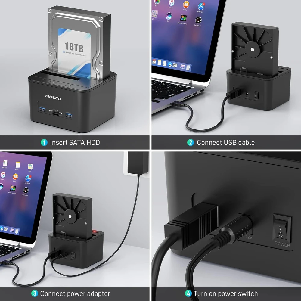 FIDECO diskų prijungimo stotelė SATA HDD ir SSD, USB 3.0, 36 TB, YPZ04-S2HC