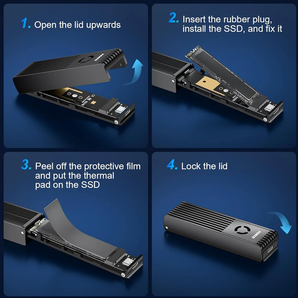 FIDECO M.2 NVMe ir SATA SSD dėklas su USB 3.2 Gen 2 10 Gbps, M211F