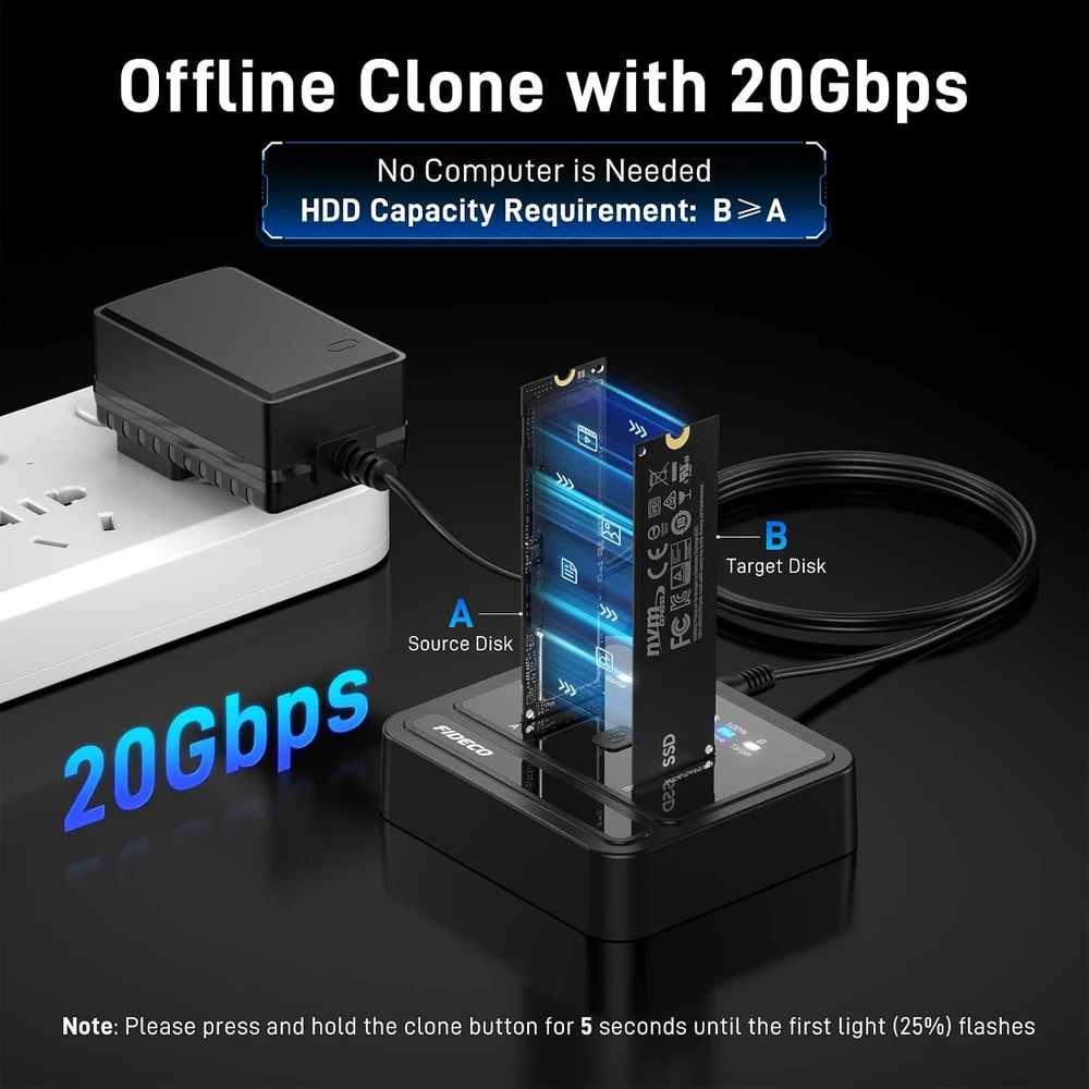 FIDECO M.2 SSD dokavimo stotelė NVMe ir SATA, USB 3.2 Gen 2x2, 20 Gb/s M2278