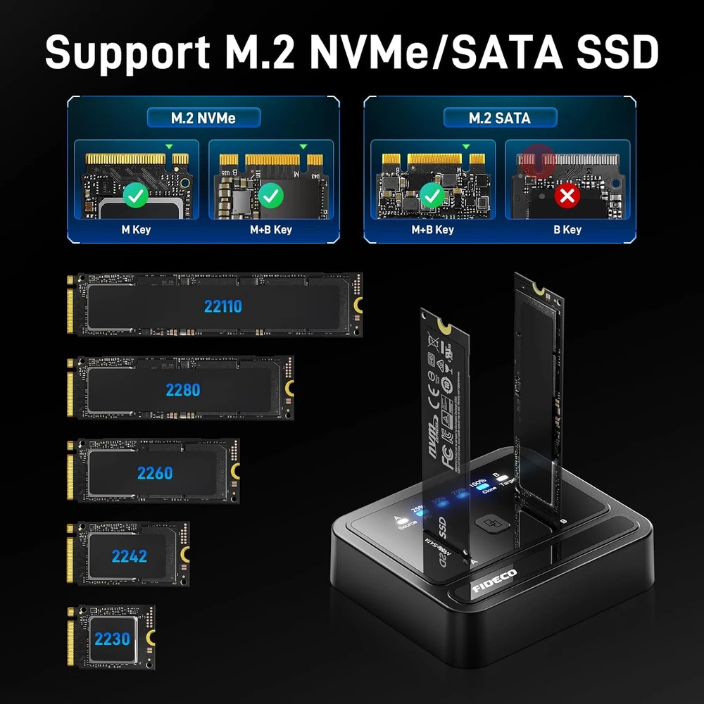FIDECO M.2 SSD dokavimo stotelė NVMe ir SATA, USB 3.2 Gen 2x2, 20 Gb/s M2278