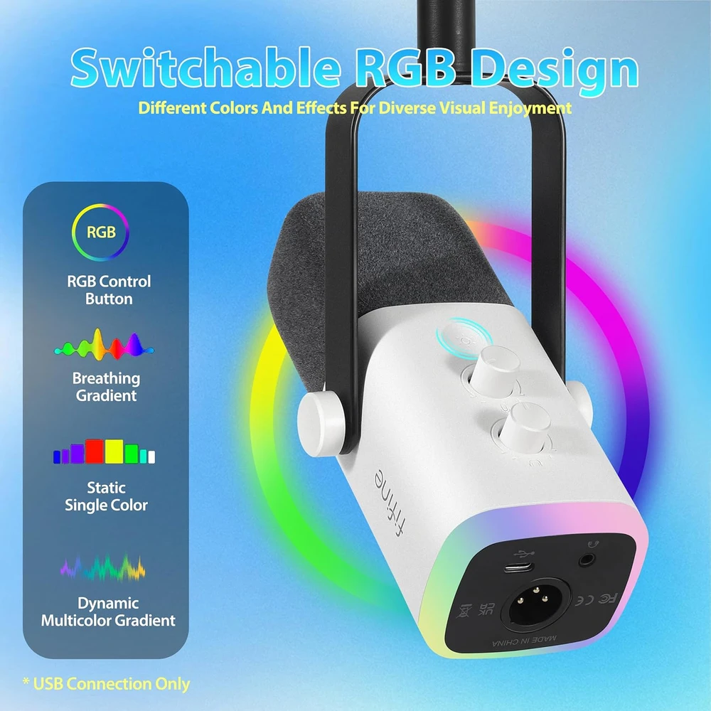 FIFINE dinaminis mikrofonas USB/XLR su RGB apšvietimu, baltas, MI34