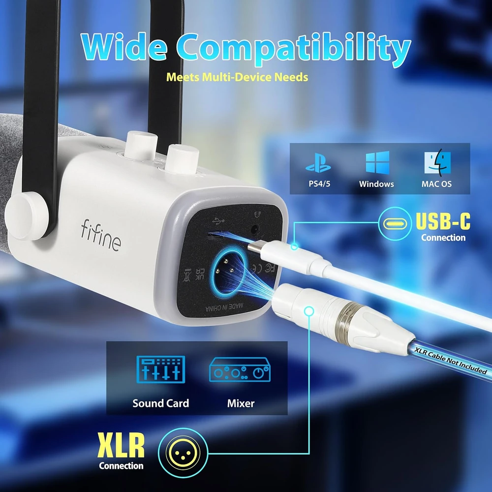 FIFINE dinaminis mikrofonas USB/XLR su RGB apšvietimu, baltas, MI34