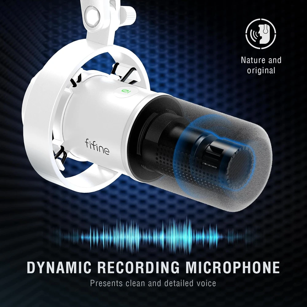 FIFINE dinaminis USB/XLR mikrofonas su RGB apšvietimu, kardioidinis, stalo tipo, MI27