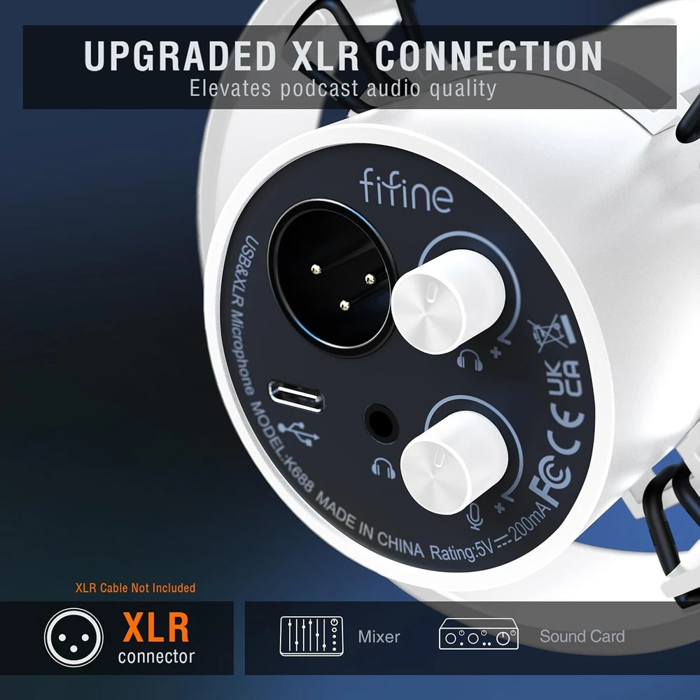 FIFINE dinaminis USB/XLR mikrofonas su RGB apšvietimu, kardioidinis, stalo tipo, MI27