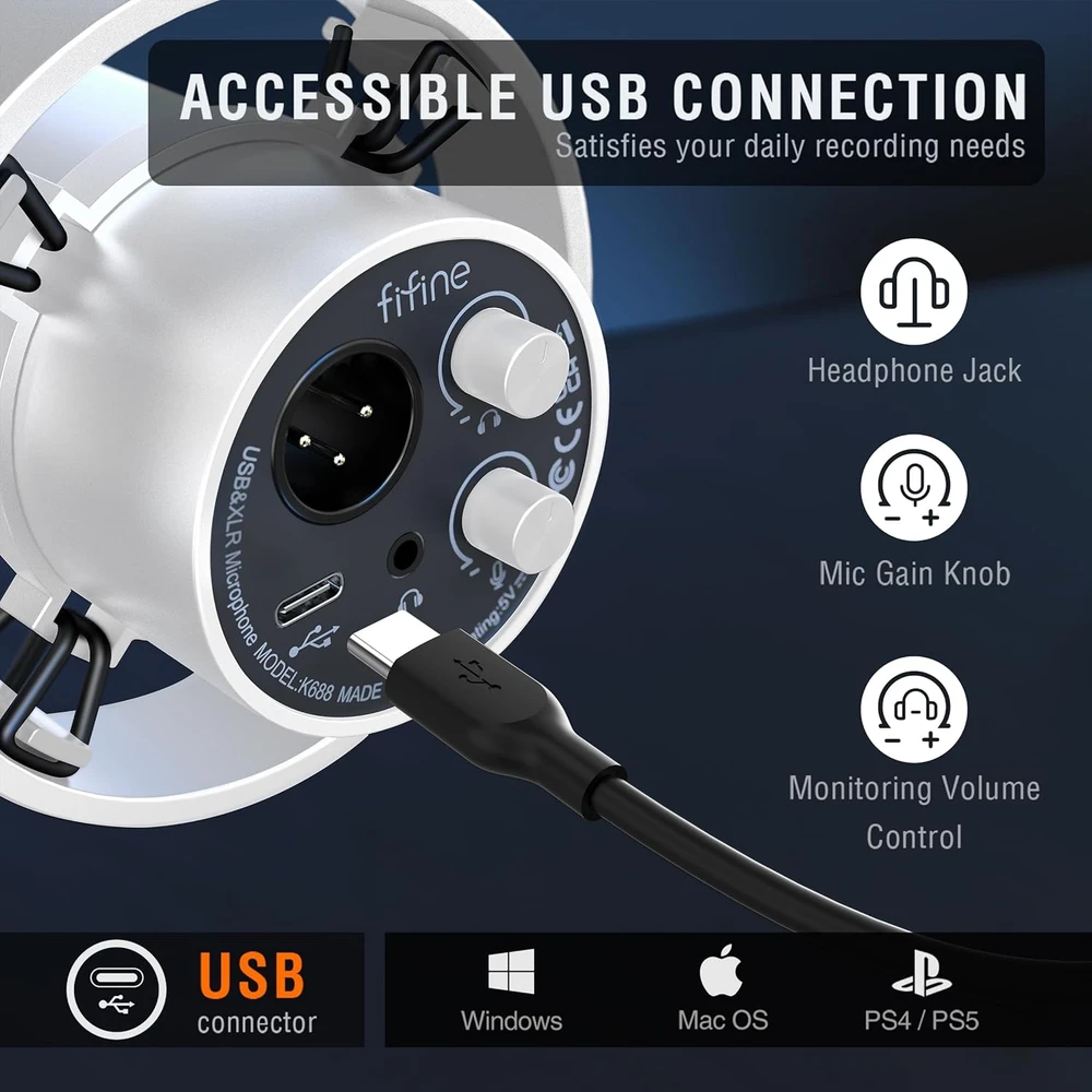 FIFINE dinaminis USB/XLR mikrofonas su RGB apšvietimu, kardioidinis, stalo tipo, MI27