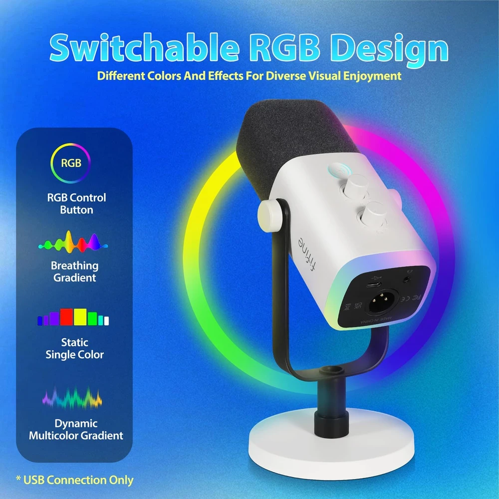 FIFINE dinaminis USB XLR mikrofonas žaidimams ir podcast, RGB, balta, MI13
