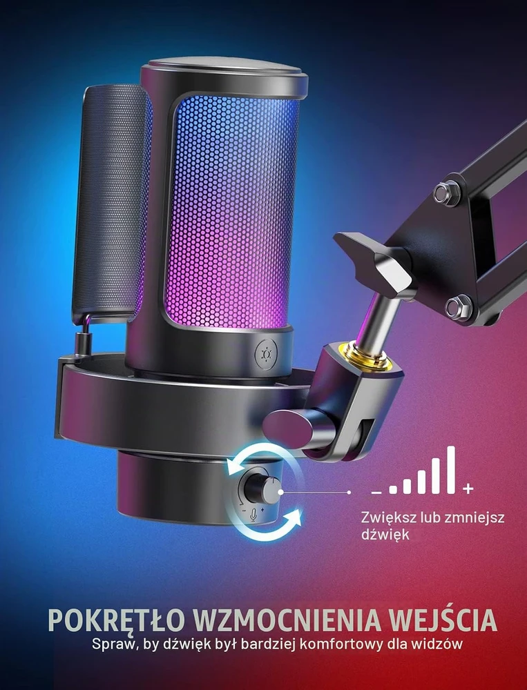 FIFINE MI1 stalinis kondensatorinis USB mikrofonas su RGB apšvietimu ir apsauginiu filtru