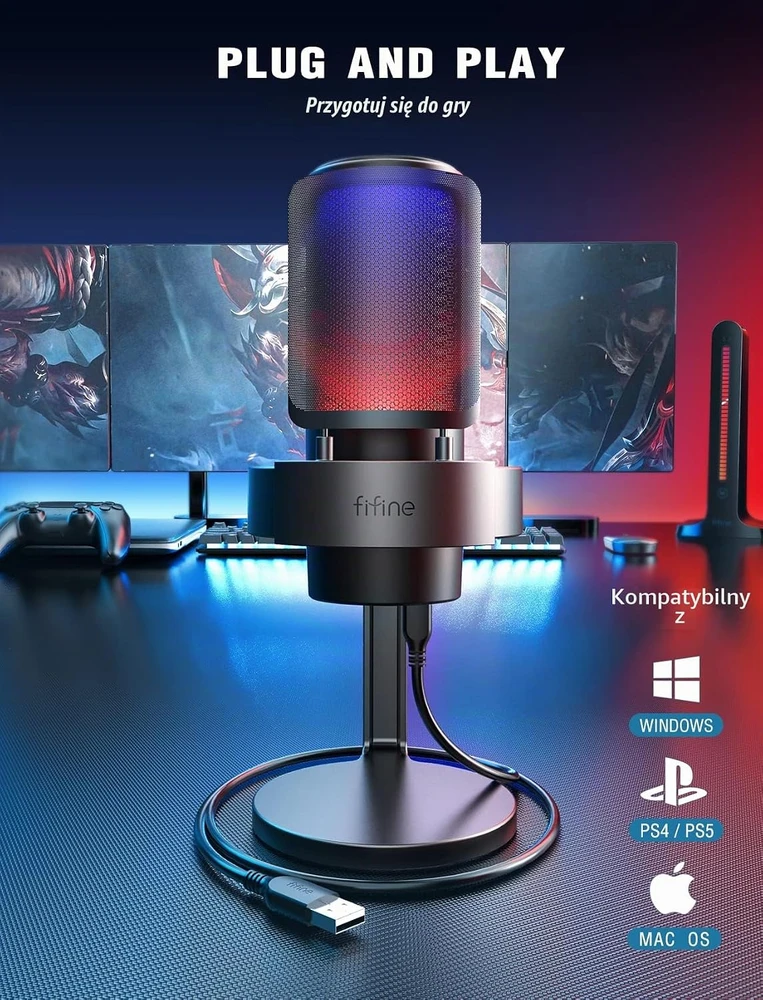 FIFINE MI1 stalinis kondensatorinis USB mikrofonas su RGB apšvietimu ir apsauginiu filtru