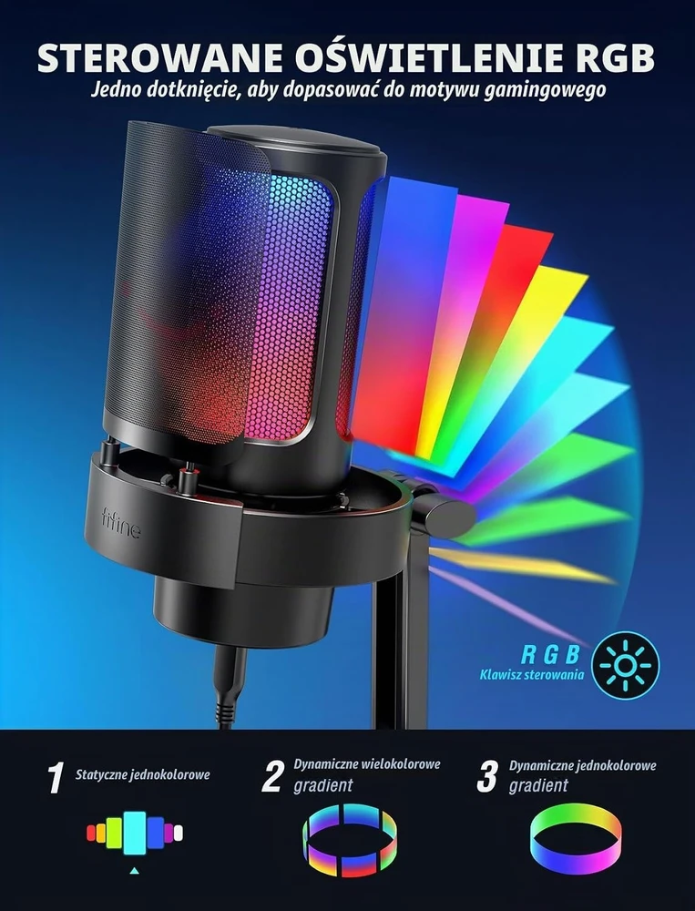 FIFINE MI1 stalinis kondensatorinis USB mikrofonas su RGB apšvietimu ir apsauginiu filtru