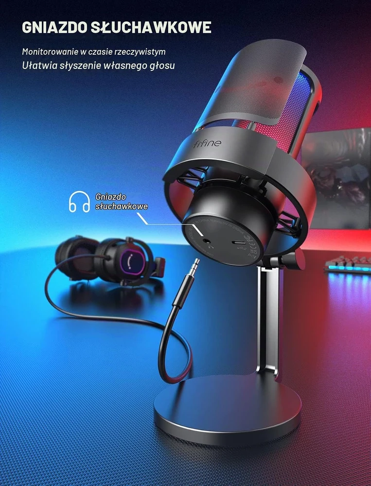 FIFINE MI1 stalinis kondensatorinis USB mikrofonas su RGB apšvietimu ir apsauginiu filtru