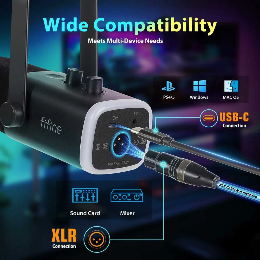 FIFINE MI14 XLR/USB dinaminis stalinio strymo mikrofonas su reguliuojamu laikikliu