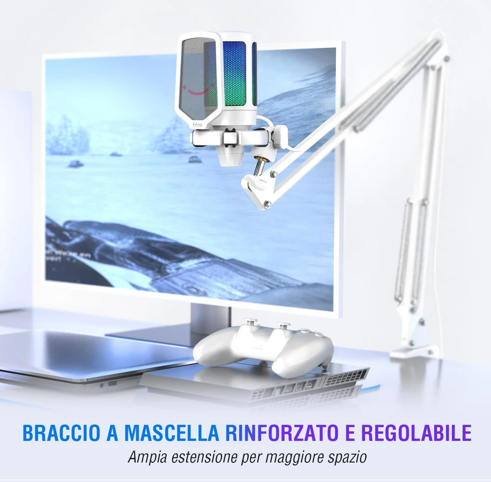FIFINE USB kondensatorinis mikrofonas su RGB apšvietimu ir triukšmo slopinimu MI33