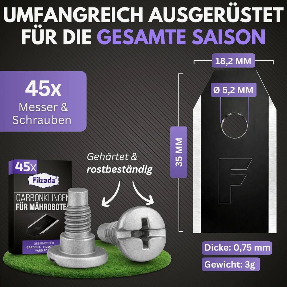 Filzada automatinės vejapjovės peiliai Husqvarna, titano danga, 45 vnt., 0,75 mm storio