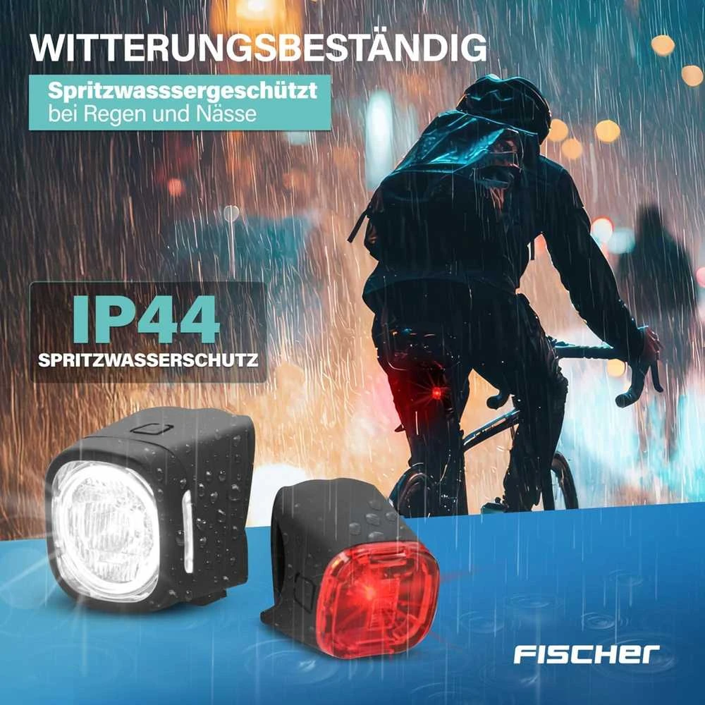 Fischer dviračio žibintų rinkinys Square, 40/20 lx, priekinis ir galinis šviestuvas, IP44, įkraunamas USB