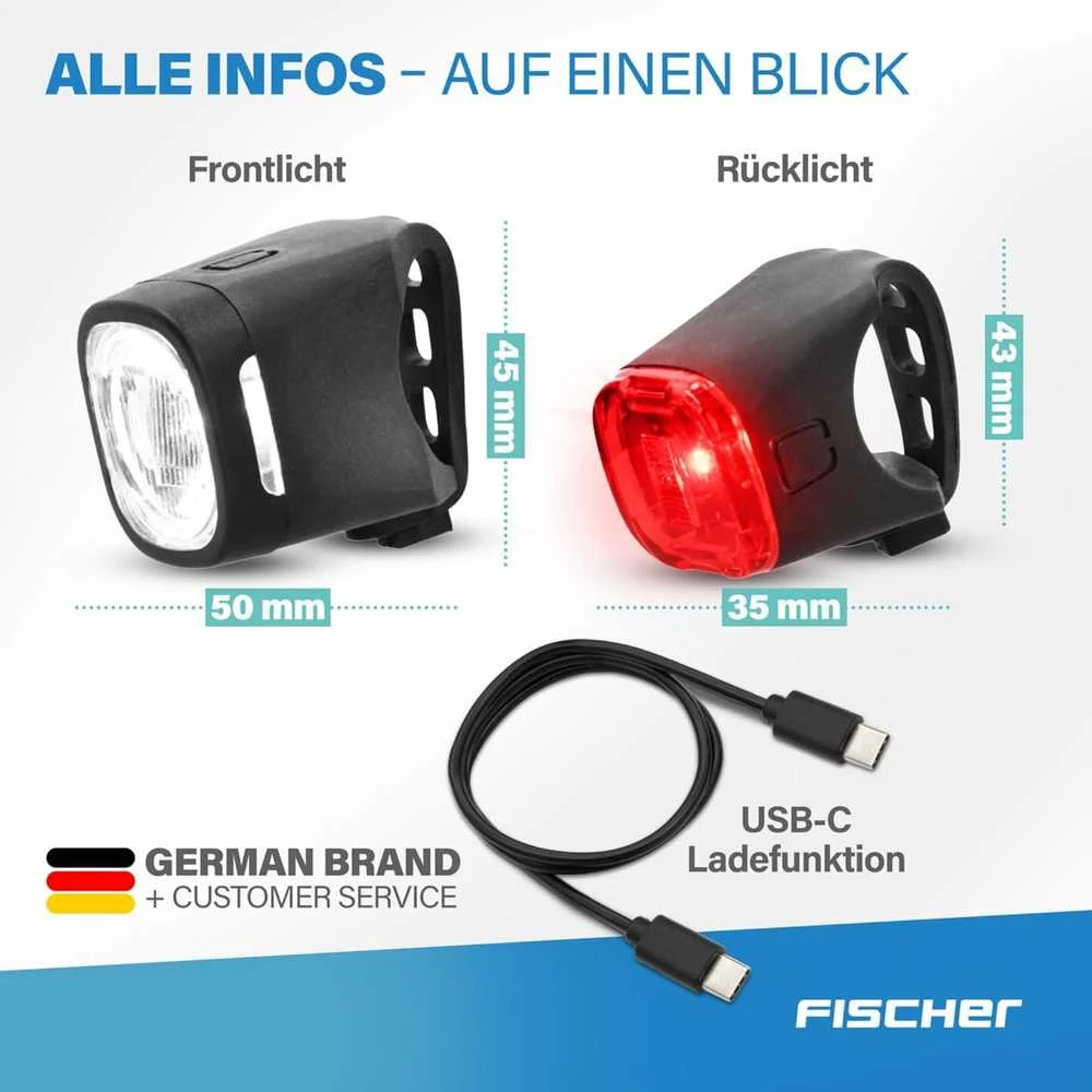 Fischer dviračio žibintų rinkinys Square, 40/20 lx, priekinis ir galinis šviestuvas, IP44, įkraunamas USB