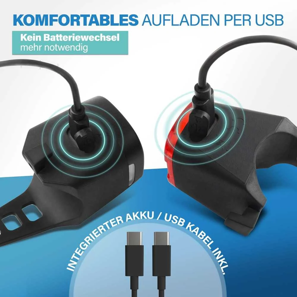 Fischer dviračio žibintų rinkinys Square, 40/20 lx, priekinis ir galinis šviestuvas, IP44, įkraunamas USB