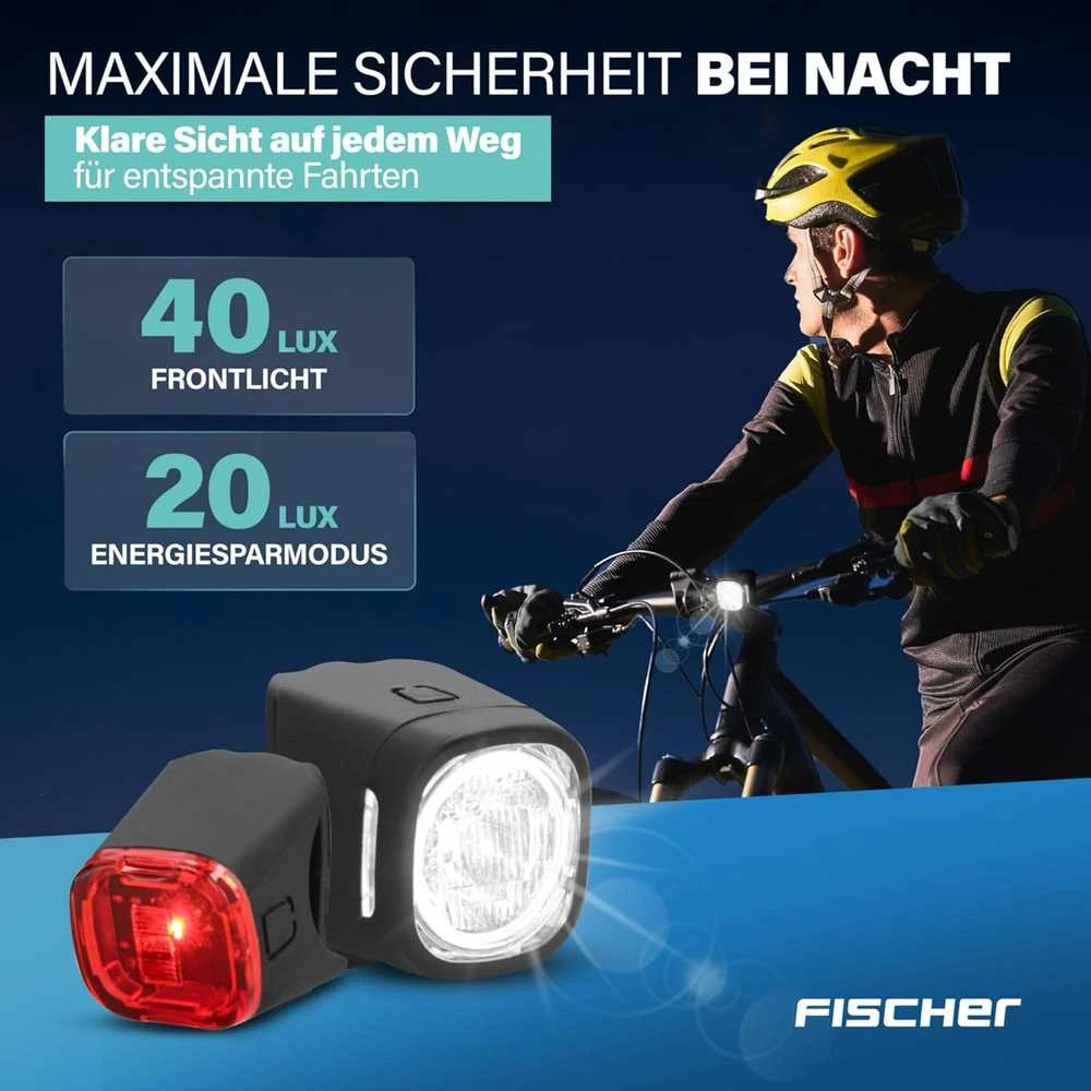 Fischer dviračio žibintų rinkinys Square, 40/20 lx, priekinis ir galinis šviestuvas, IP44, įkraunamas USB