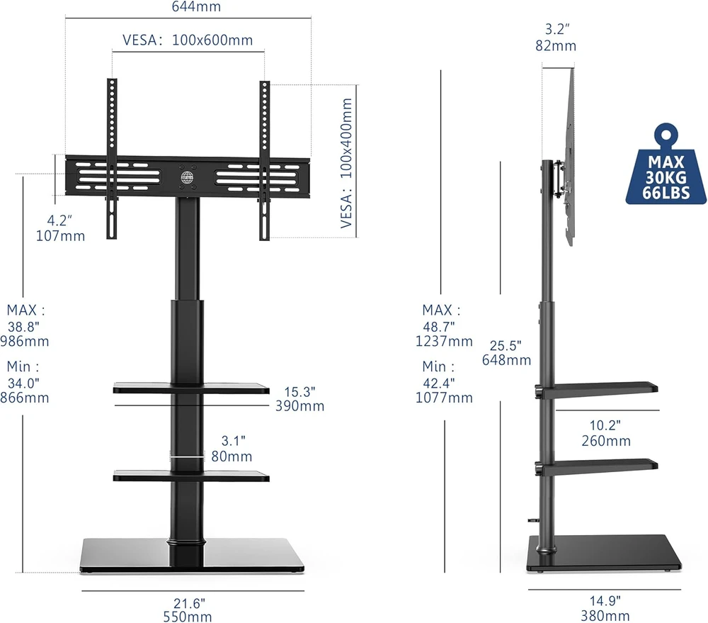 FITUEYES grindinis televizoriaus stovas 32–60 colių, iki 30 kg, TT306001GB
