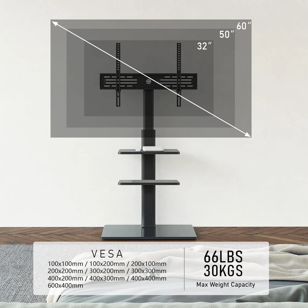 FITUEYES grindinis televizoriaus stovas 32–60 colių, iki 30 kg, TT306001GB