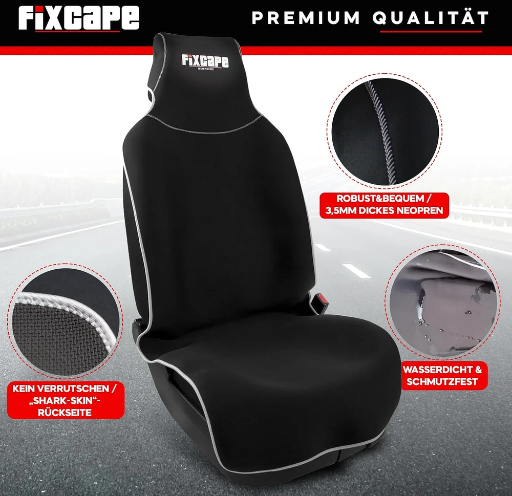 fixcape universalus neopreno priekinių automobilio sėdynių užvalkalas, juodos ir pilkos spalvos fixcape_neo_01