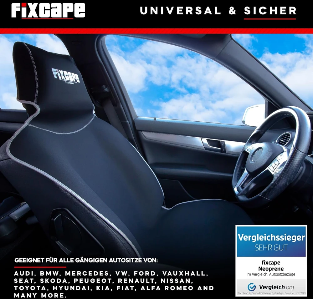 fixcape universalus neopreno priekinių automobilio sėdynių užvalkalas, juodos ir pilkos spalvos fixcape_neo_01