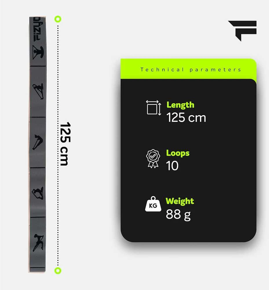 Fizyo jogos ir tempimo diržas su 10 kilpų, 125 cm, pilka / juoda