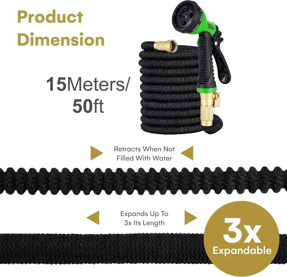 Flexi Hose elastingas sodo laistymo žarna, 15 m, lateksas, žalvariniai sujungimai, juoda