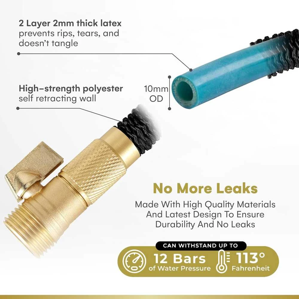Flexi Hose elastingas sodo laistymo žarna, 15 m, lateksas, žalvariniai sujungimai, juoda