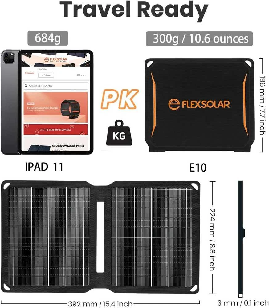 FlexSolar nešiojamas saulės baterijos kroviklis 10 W 5 V, USB, atsparus vandeniui, sulankstomas, IP67, E10