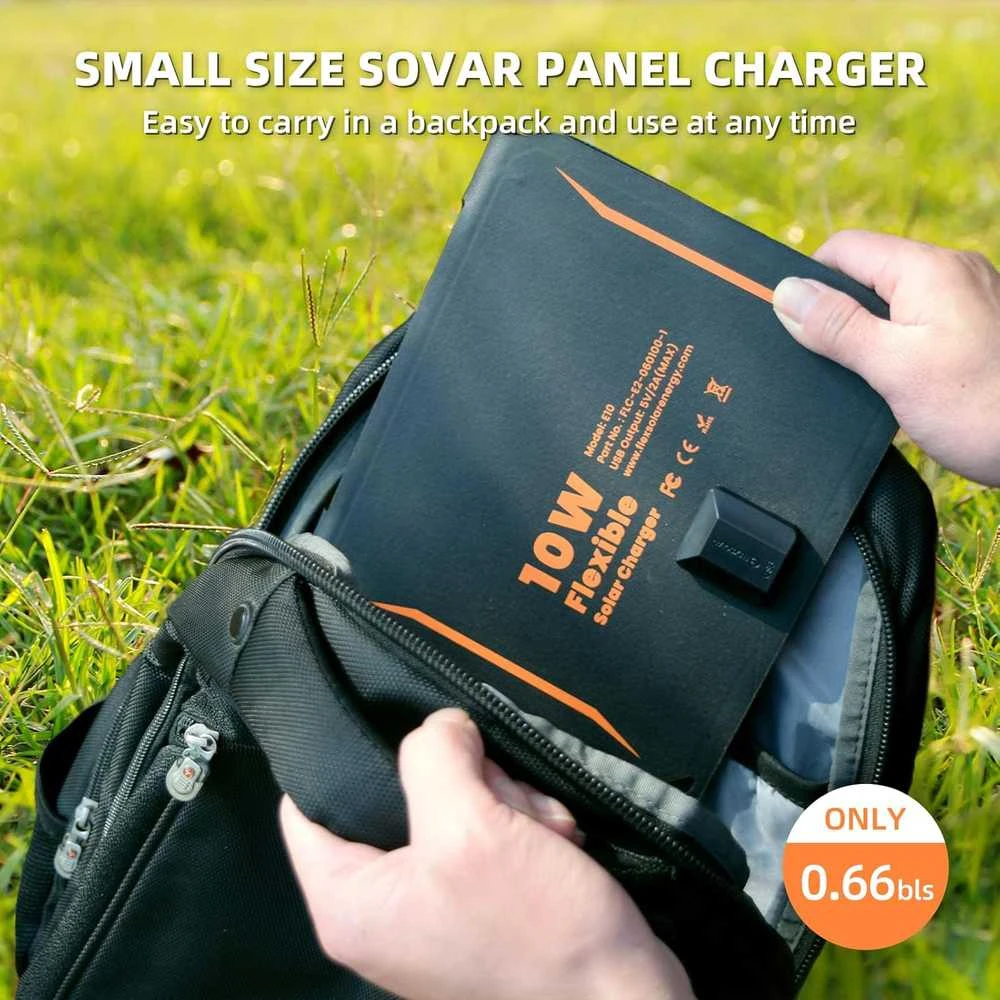 FlexSolar nešiojamas saulės baterijos kroviklis 10 W 5 V, USB, atsparus vandeniui, sulankstomas, IP67, E10