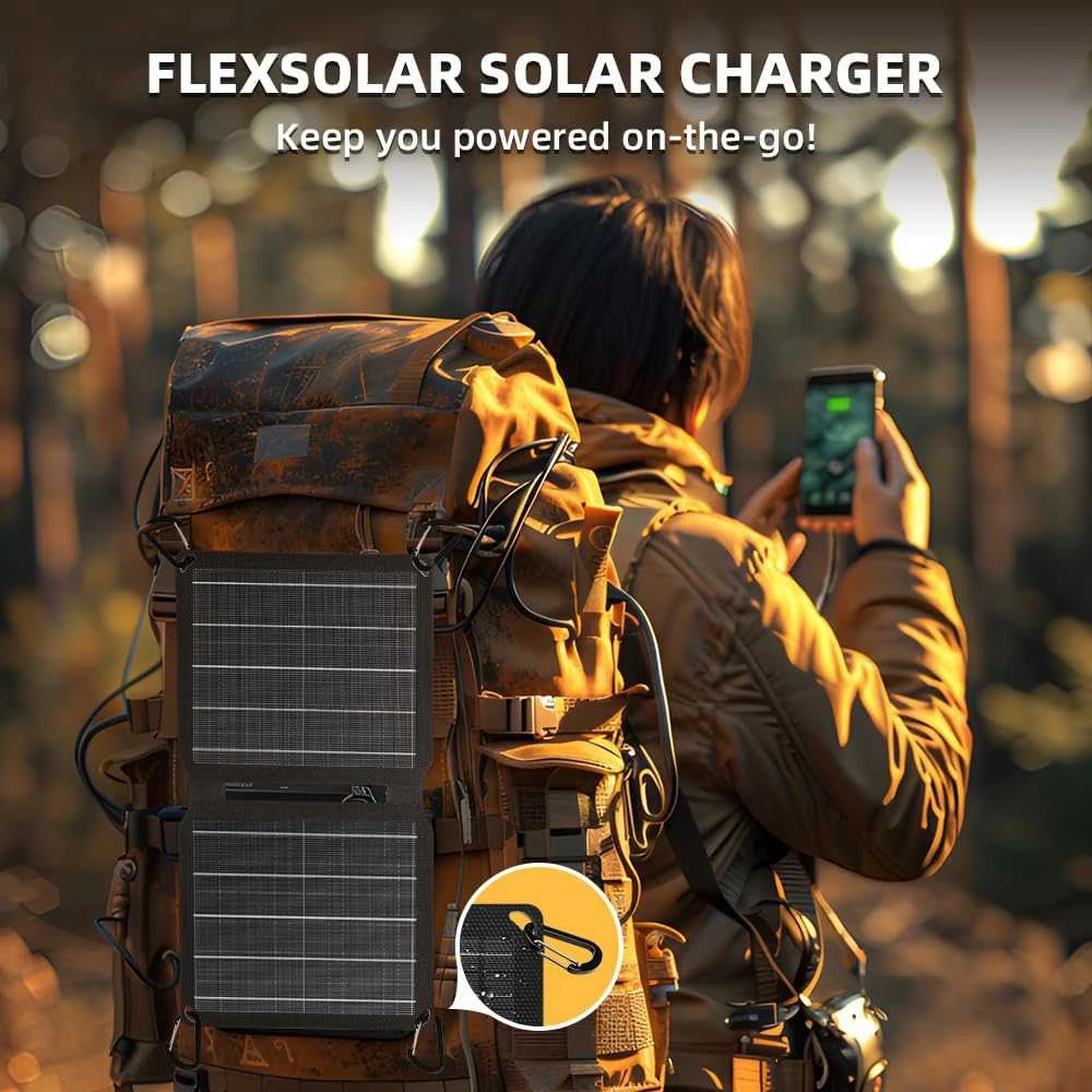 FlexSolar nešiojamas saulės baterijos kroviklis 10 W 5 V, USB, atsparus vandeniui, sulankstomas, IP67, E10