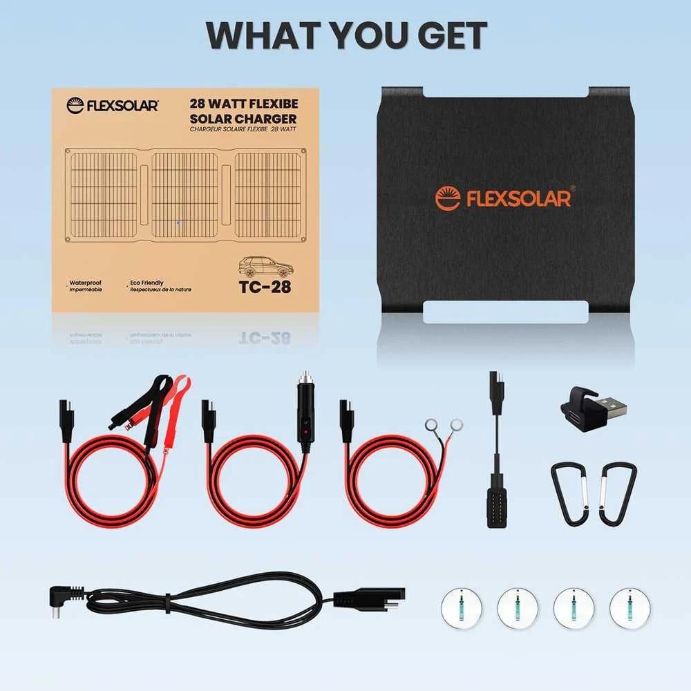FlexSolar saulės baterija 28 W, 12 V, nešiojama IP67 įkrovimo plokštė automobiliui, su USB DC SAE kabeliu