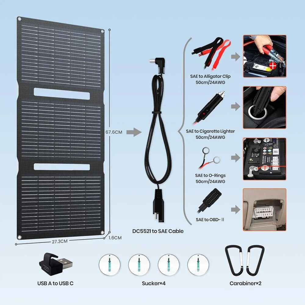 FlexSolar saulės baterija 28 W, 12 V, nešiojama IP67 įkrovimo plokštė automobiliui, su USB DC SAE kabeliu