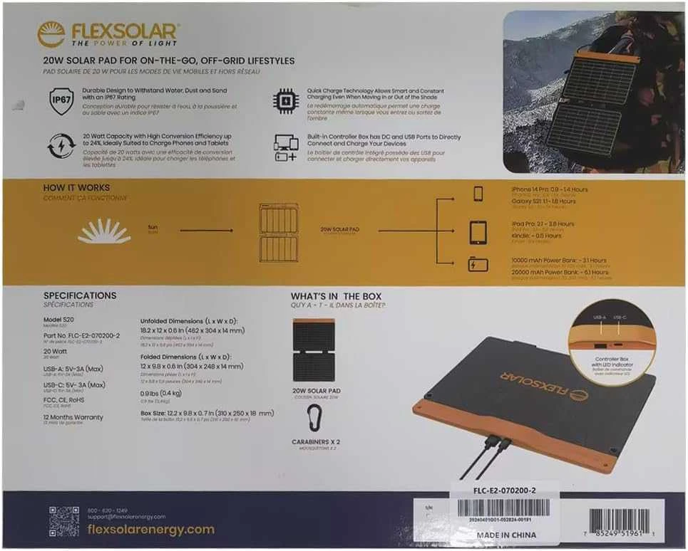 FlexSolar saulės įkroviklis 20 W, IP67, USB-A ir USB-C jungtys, nešiojamas, sulankstomas, HDS20