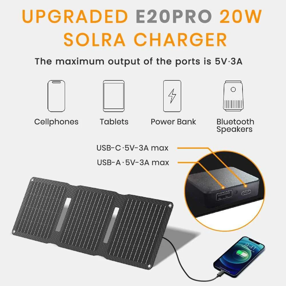 FlexSolar saulės įkroviklis 20 W, USB-A ir USB-C, IP67, sulankstomas, ETFE, YL-E20pro-US