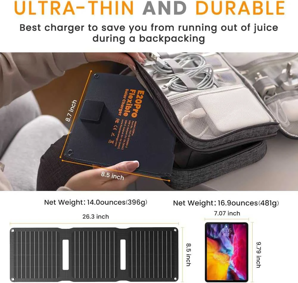 FlexSolar saulės įkroviklis 20 W, USB-A ir USB-C, IP67, sulankstomas, ETFE, YL-E20pro-US
