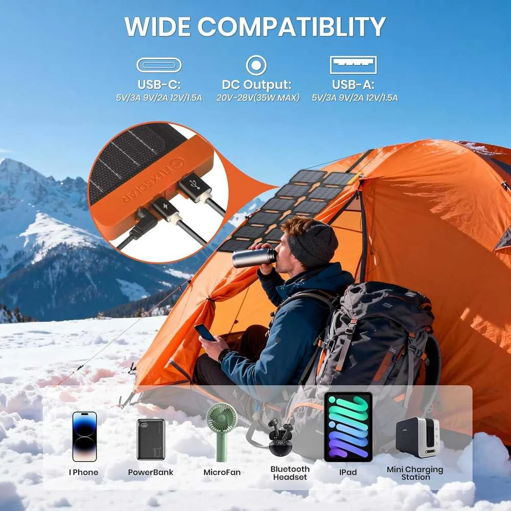 FlexSolar sulankstoma saulės baterija 36 W, USB-A, USB-C, atspari vandeniui, nešiojama
