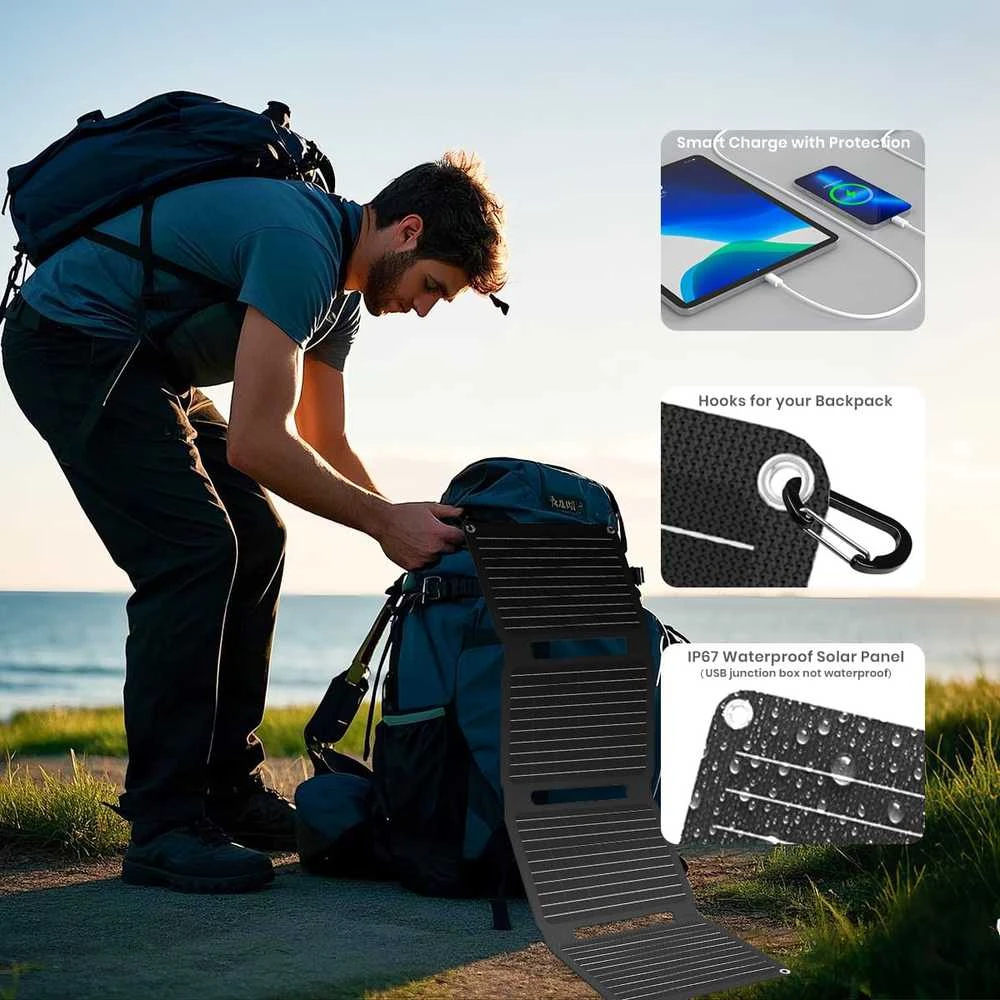 FlexSolar sulankstomas nešiojamas saulės panelis 30 W, USB-C, USB-A, IP67, greitas įkrovimas, E30pro
