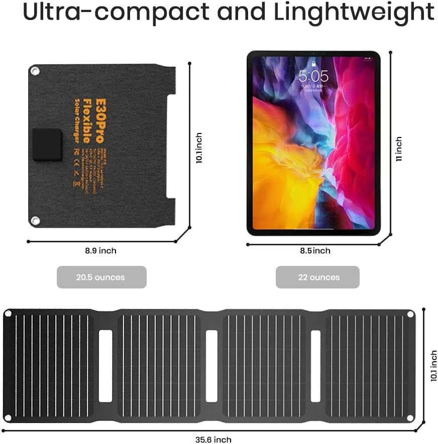 FlexSolar sulankstomas nešiojamas saulės panelis 30 W, USB-C, USB-A, IP67, greitas įkrovimas, E30pro