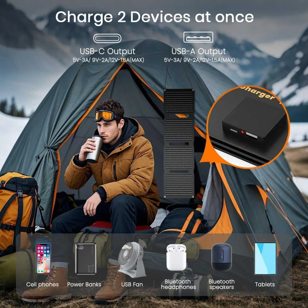 FlexSolar sulankstomas nešiojamas saulės panelis 30 W, USB-C, USB-A, IP67, greitas įkrovimas, E30pro