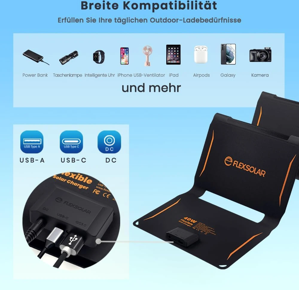 FlexSolar sulankstomas saulės įkroviklis 40 W USB-C PD, USB-A QC 3.0, IP67 E40