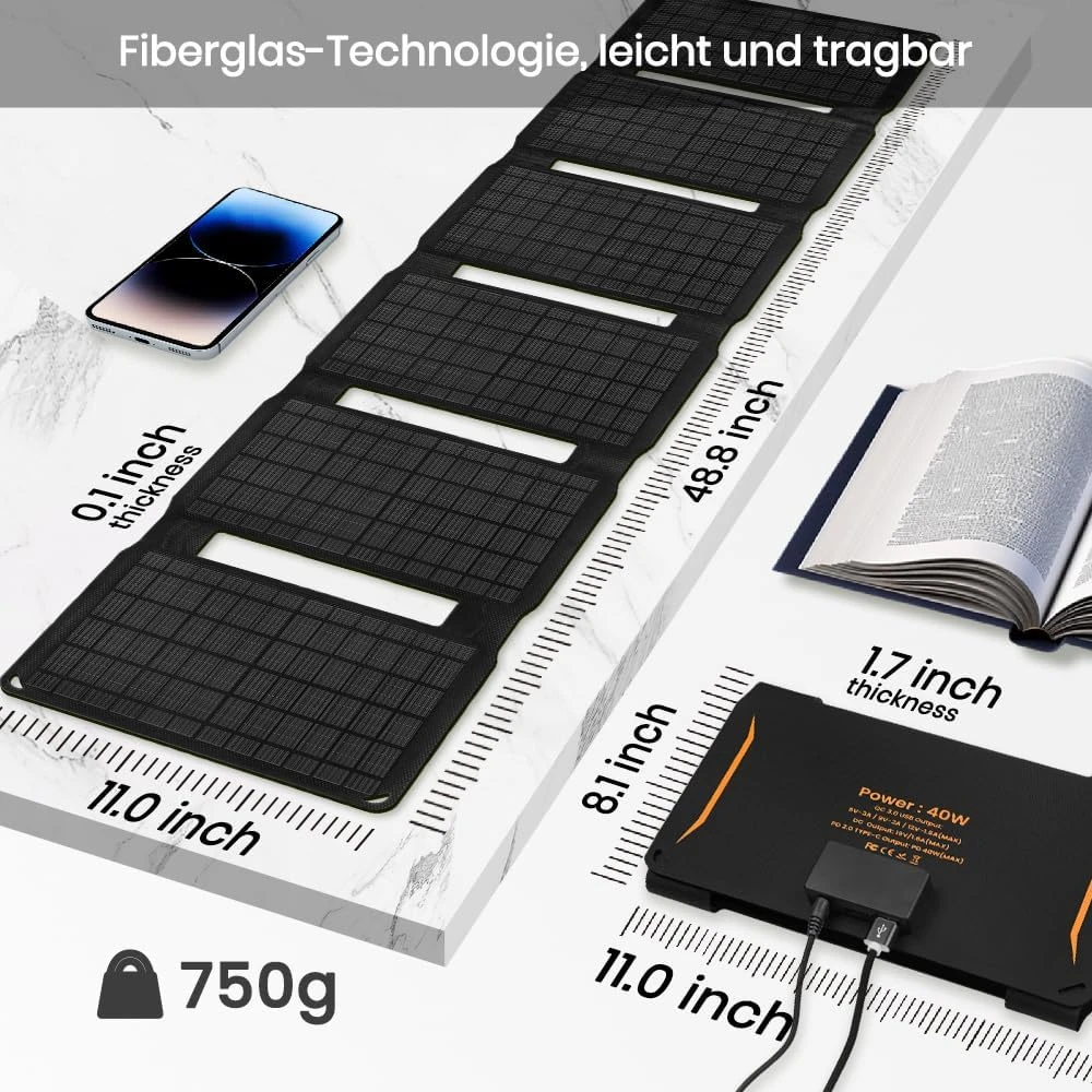 FlexSolar sulankstomas saulės įkroviklis 40 W USB-C PD, USB-A QC 3.0, IP67 E40