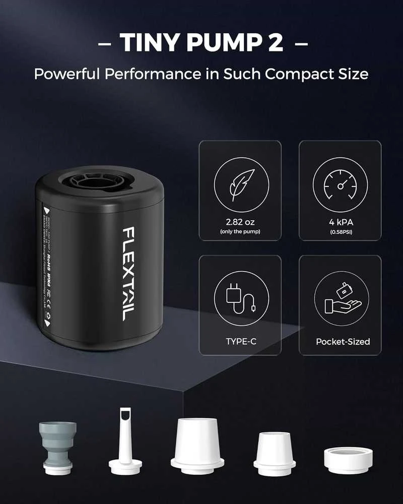 Usorteret FLEXTAILGEAR elektrinė mini oro pompa, 4 kPa, 180 l/min, įkraunama, USB-C, TINY PUMP 2