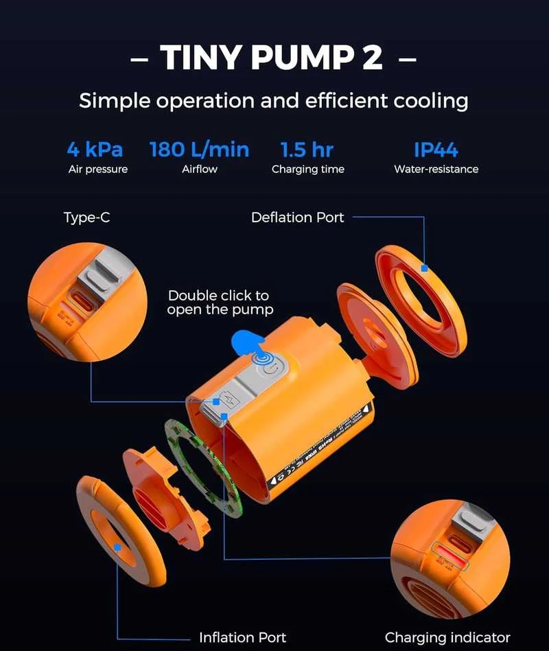 FLEXTAILGEAR nešiojama elektrinė oro pompa, 4kPa, USB-C, 180 l/min, TINY PUMP 2